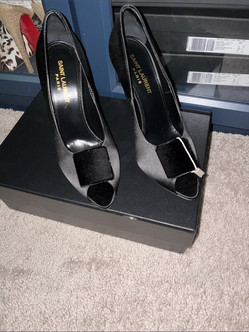 Saint Laurent Black Satin Peep-Toe Pumps with Velvet Square Accent